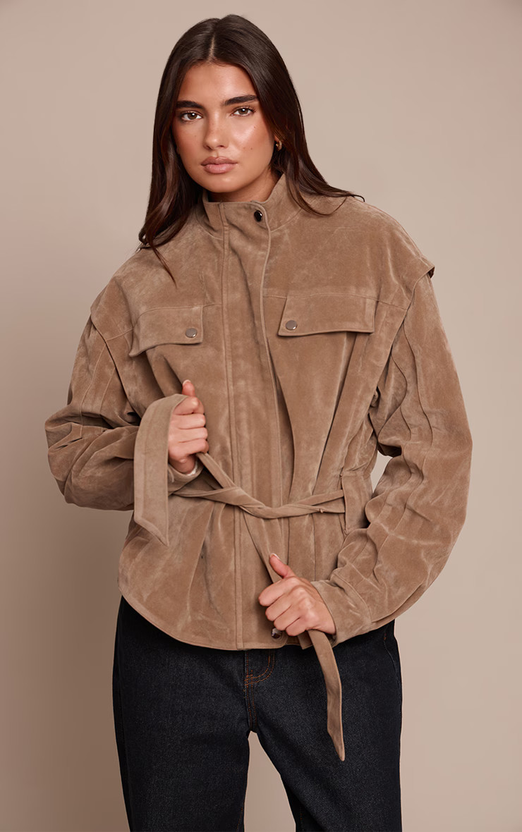 Mushroom Faux Suede Belted Drop Waist Jacket | PrettyLittleThing UK