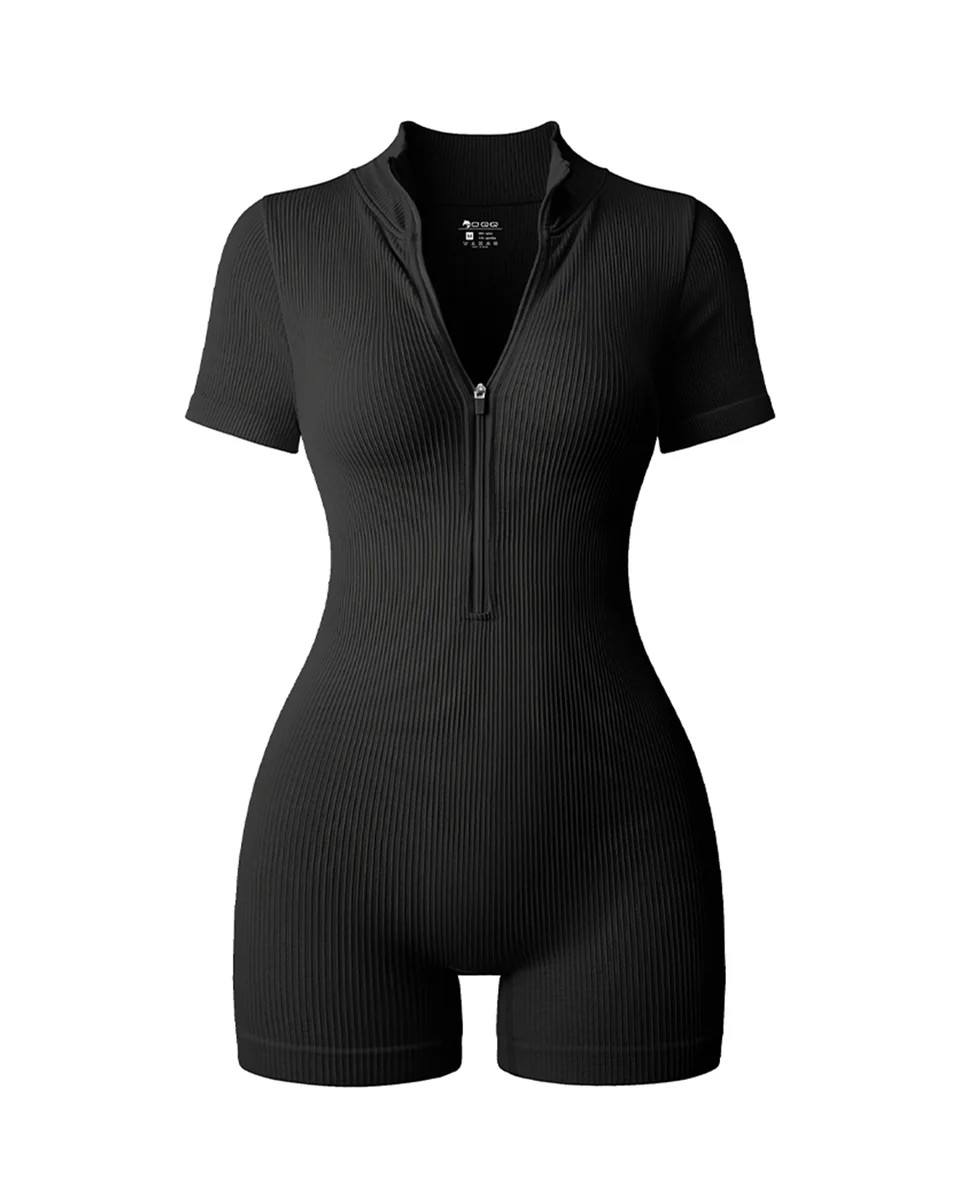 Ribbed Short Sleeve Zip Romper | Oqq