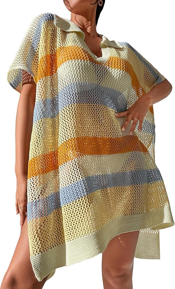 WDIRARA Women's Hollow Out Striped Dolman Sleeve Bikini Dress Cover Up Split Thigh Oversized Cove... | Amazon (US)