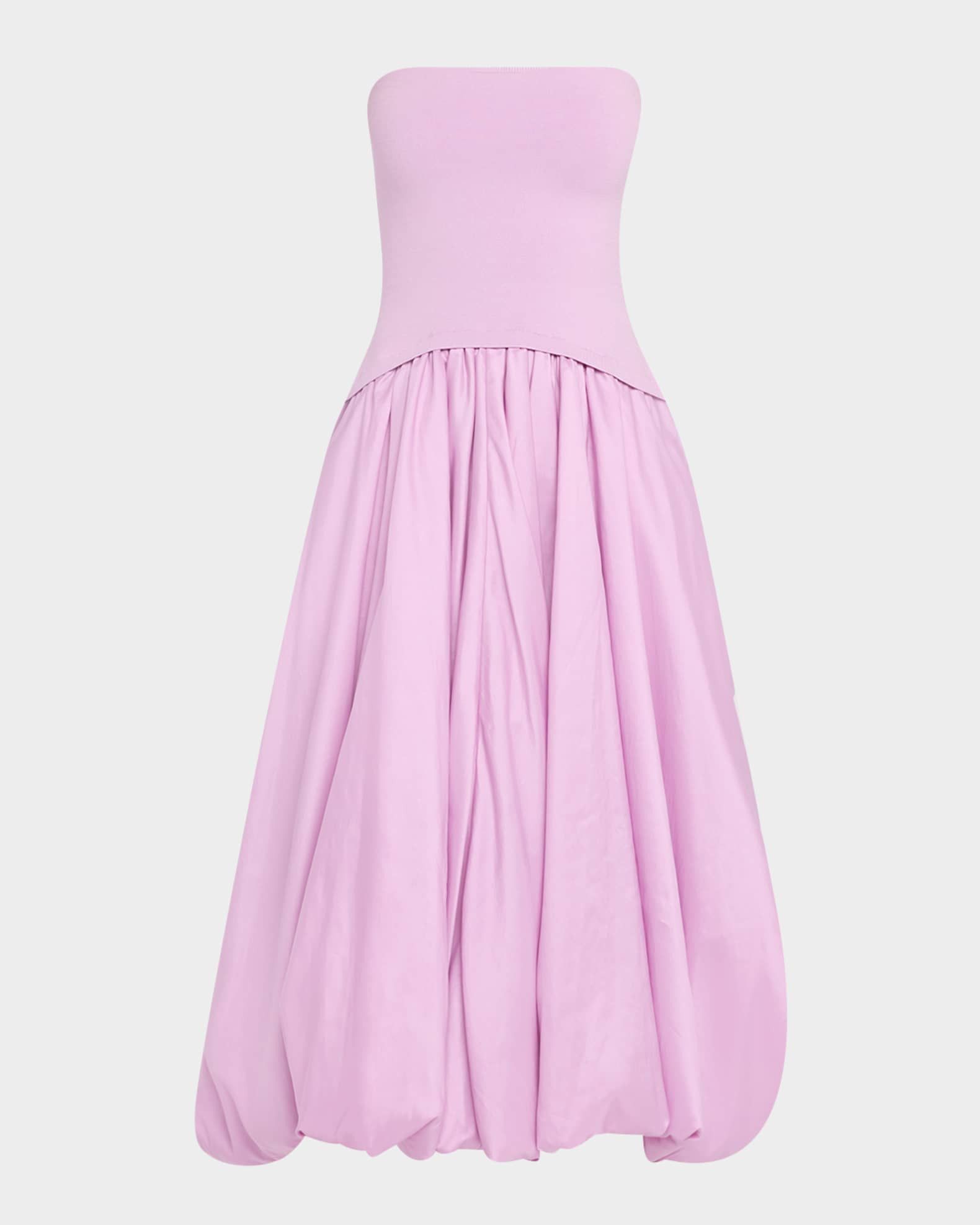 SIMKHAI Izzy Strapless Mixed Media Bubble Midi Dress | Neiman Marcus