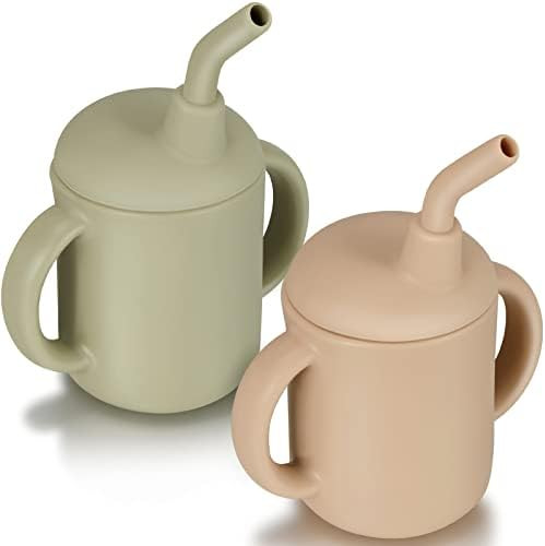 2 Pieces Toddler Cups Silicone Training Sippy Cups with Straw Lid and Non Slip Handles Spill Proof Trainer Cup Transition Cup for Baby Toddler Infant (Blush Colors) | Amazon (US)