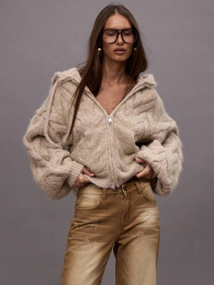 MUSERA Chunky Oversized Cable Knit Zip Through Hooded Sweater Fall Autumn Winter Night Out Going ... | SHEIN