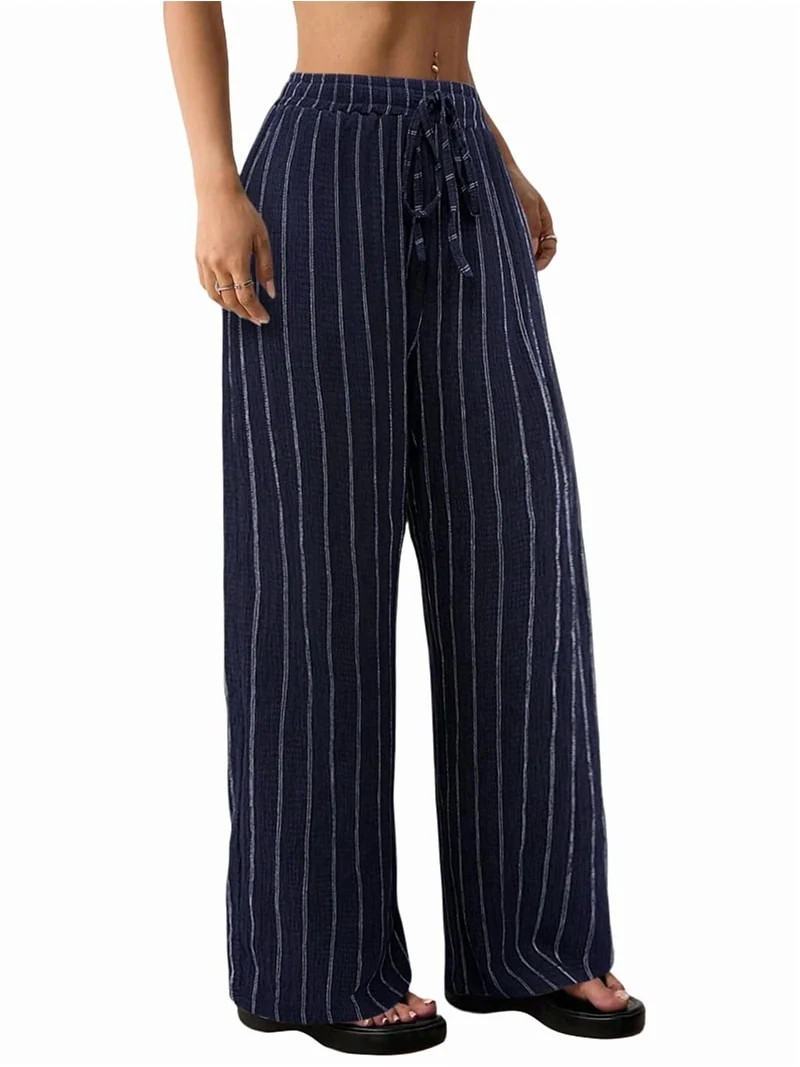 Women'S Striped High Waist Drawstring Wide Leg Loose Casual Trousers with Pockets Navy Blue S | Walmart (US)