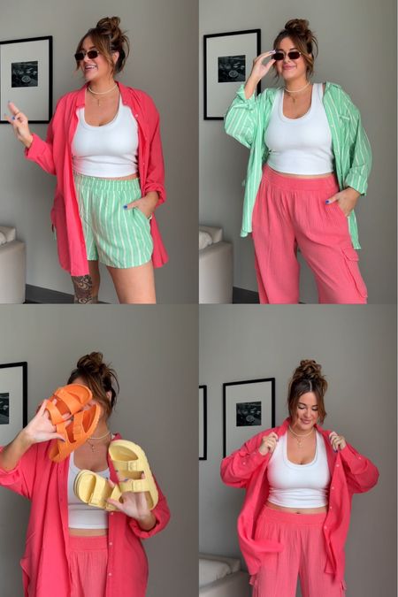 Summer matching sets and vacation outfits! Casual colorful outfits for beach trips 🍉🍊✨🧡☀️ wearing large (tall) bottoms and XL tips for a baggy fit! 

#LTKStyleTip #LTKMidsize #LTKFindsUnder100