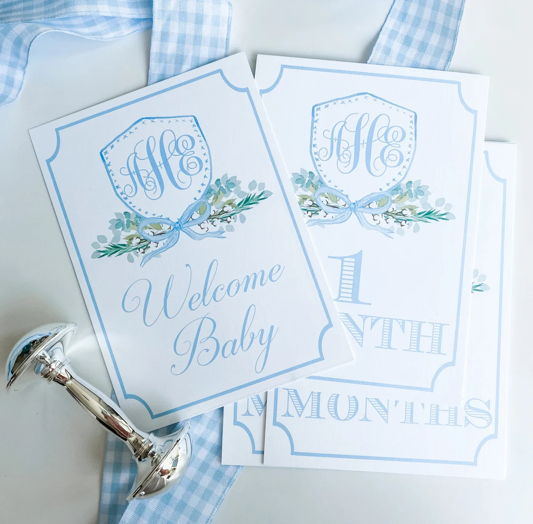 Boy's Watercolor Monogram Crest Milestone Set Monthly Cards Baby Shower Gift Milestone Cards Wate... | Etsy (US)