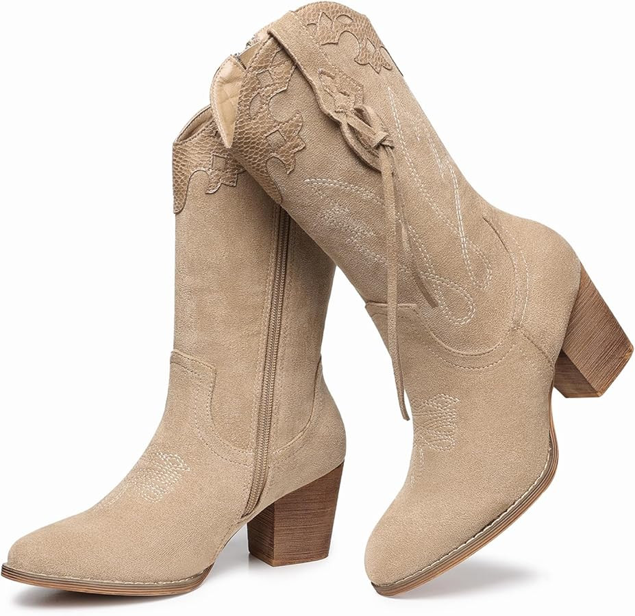 SHIBEVER Cowboy Cowgirl Boots for Women: Western Country High Heel Boots Suede Zipper Mid Calf Bo... | Amazon (US)