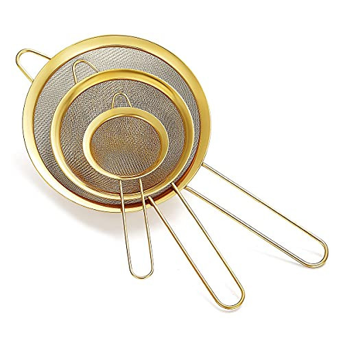 Gold Fine Mesh Strainer 3 Pieces Set, Golden Flour Sifter For Baking, Stainless Steel Clander, Gold Matcha Tea Strainer, Gravy Separator, Stasher Sieve Pasta Strainers | Amazon (US)