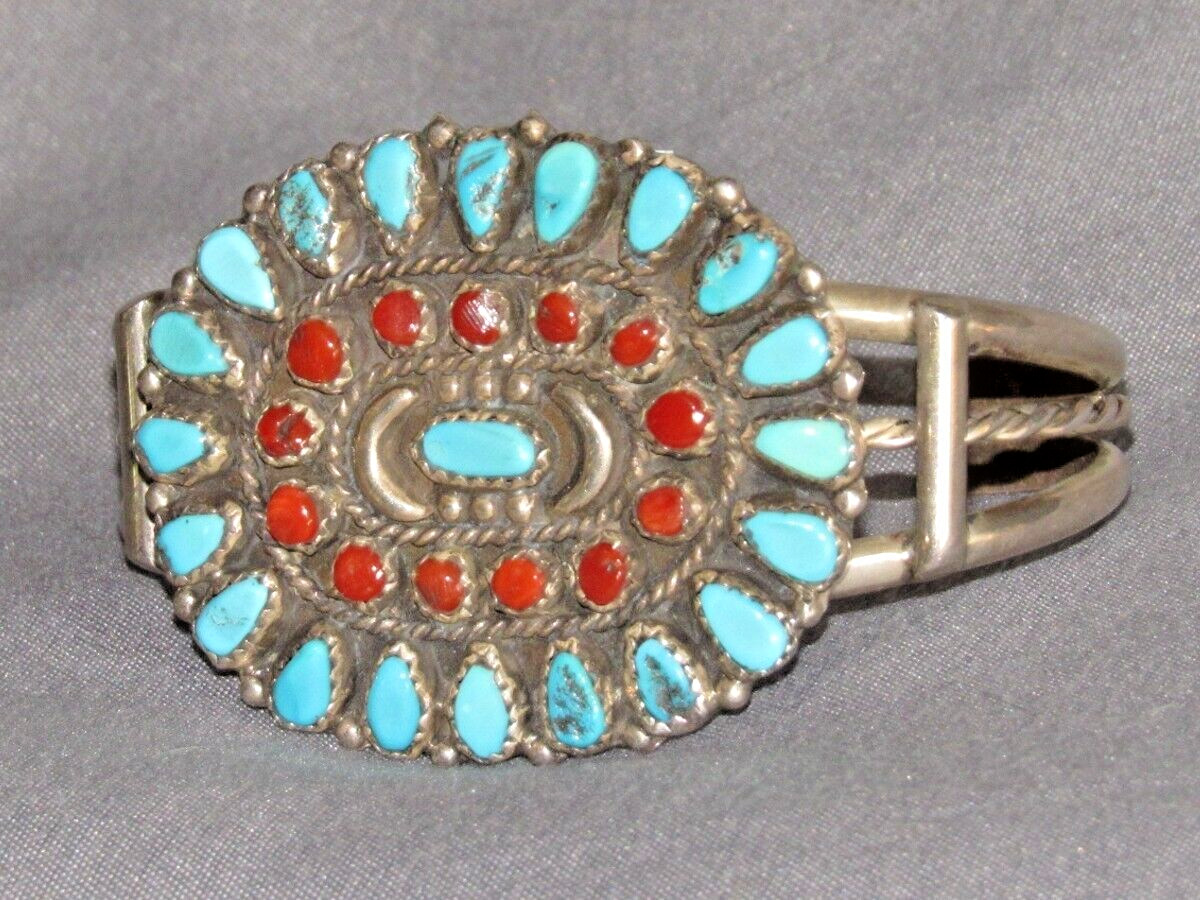 Native American Coral & Turquoise Cluster Bracelet Sterling Silver 7 1/4"-7 1/2" | eBay US