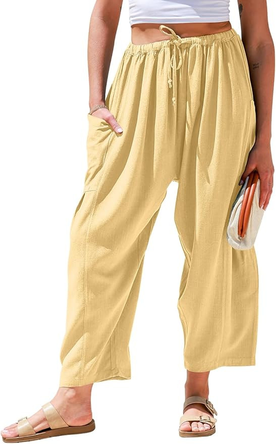 TARSE Womens Linen Wide Leg Pants Casual Loose Drawstring Summer Beach Travel Vacation Palazzo Ha... | Amazon (US)