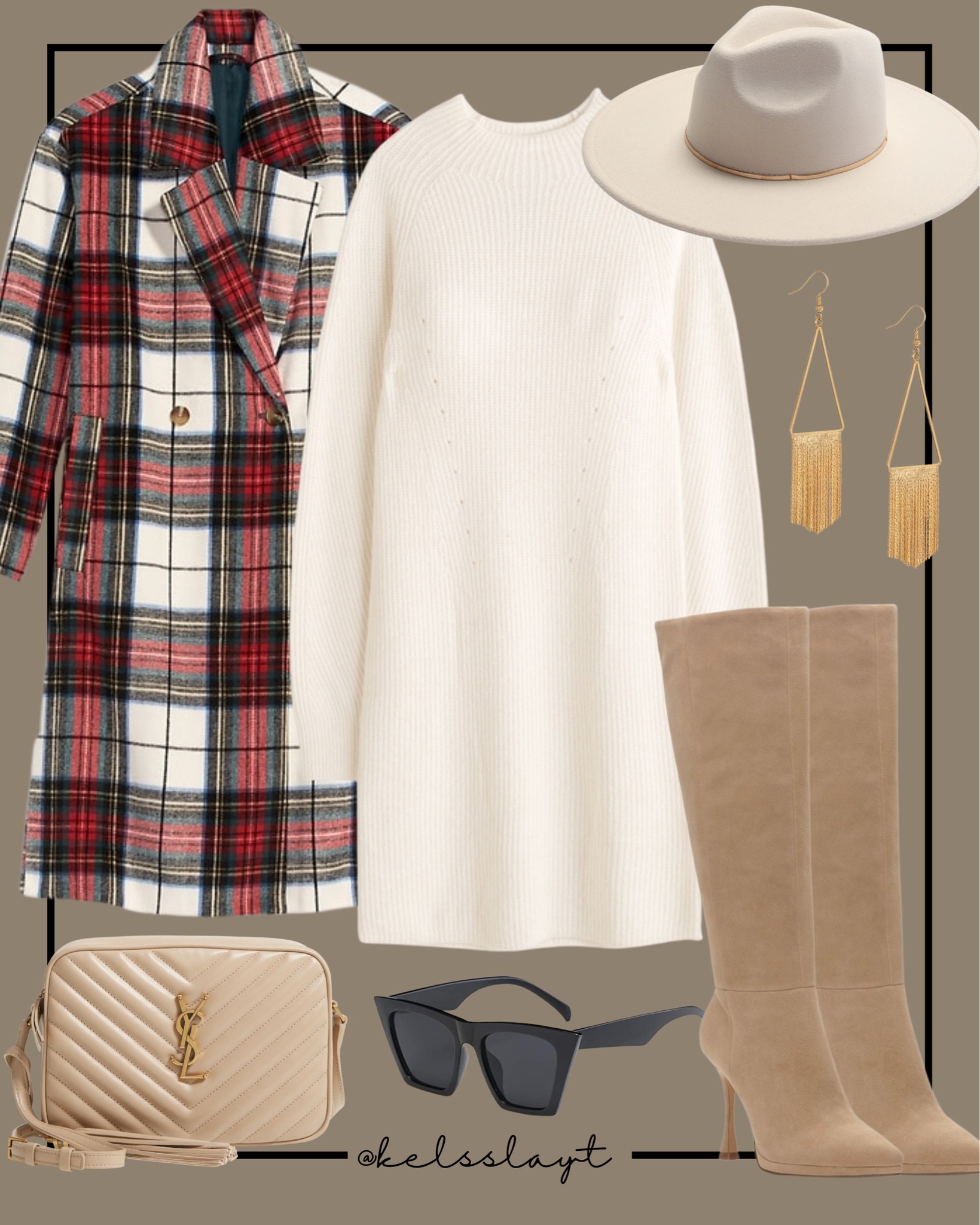 Outfit idea, sweater dress, white dress, plaid coat, old navy, Abercrombie, ysl camera bag, tall boots 

#LTKsalealert #LTKSeasonal #LTKHoliday