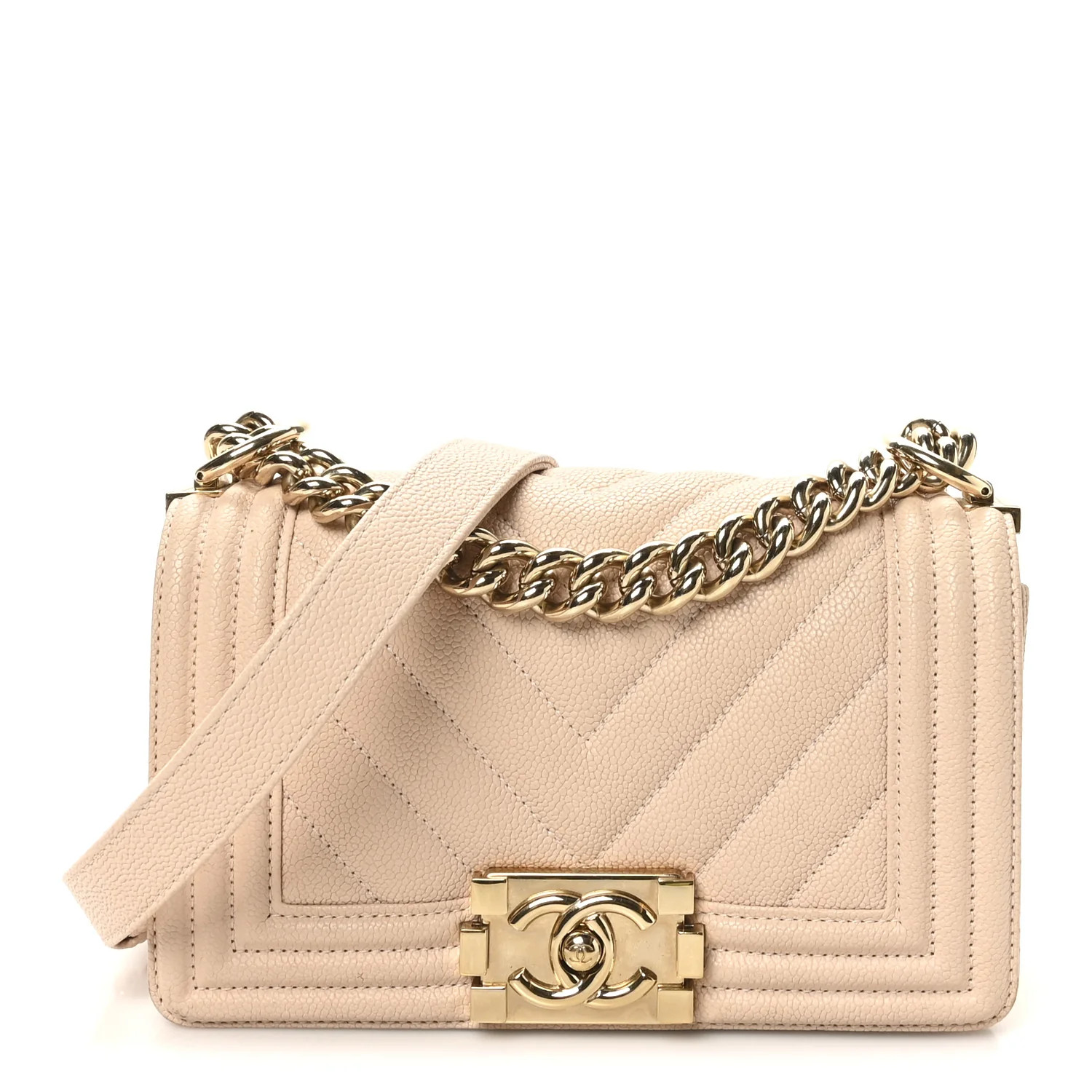 Caviar Chevron Quilted Small Boy Flap Light Beige | FASHIONPHILE (US)