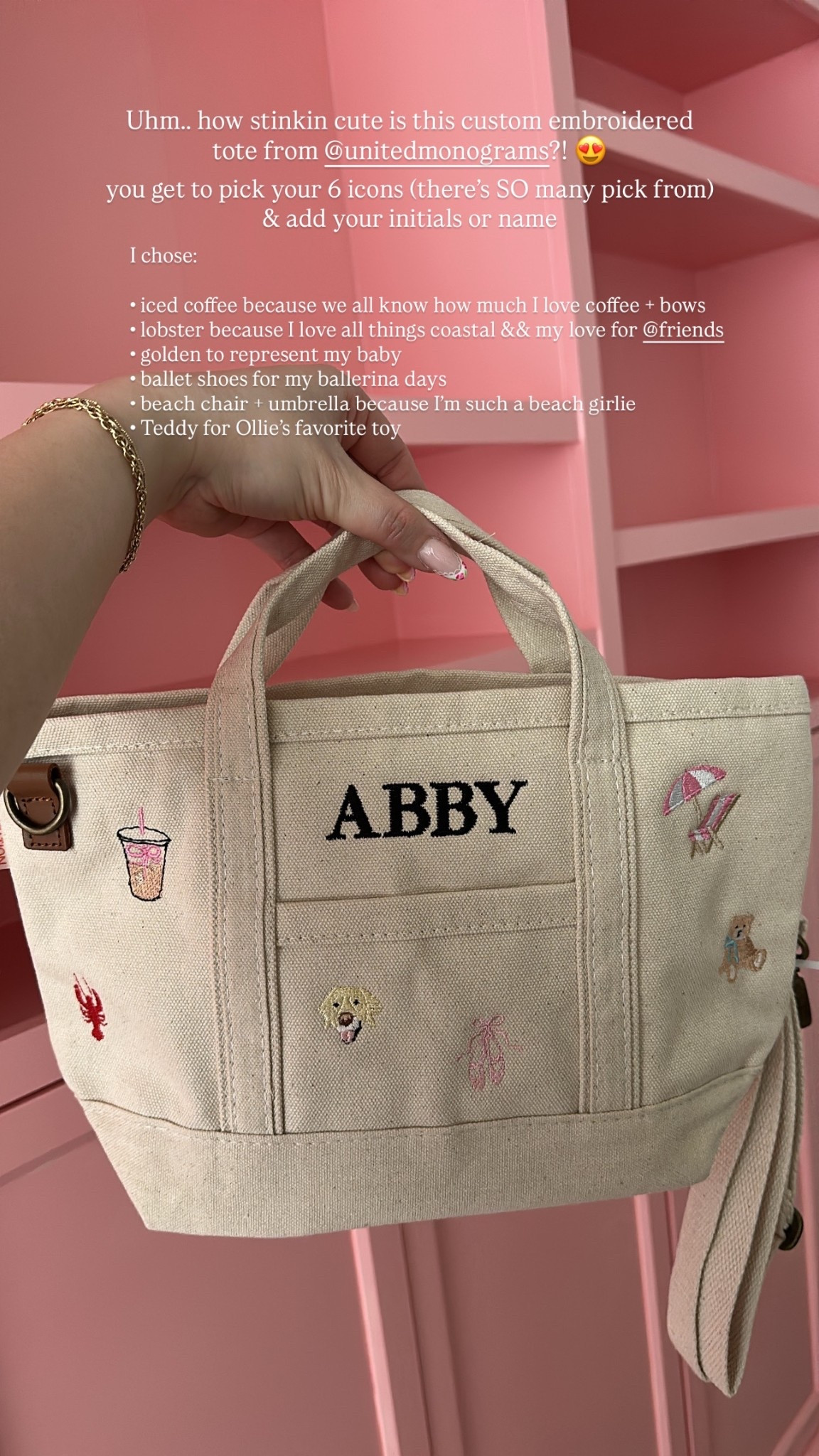 Uhm.. how stinkin cute is this custom embroidered tote from @unitedmonograms?! 😍 you get to pick your 6 icons (there’s SO many pick from) & add your initials or name.

I chose:

• iced coffee because we all know how much I love coffee + bows
• lobster because I love all things coastal && my love for @friends 
• golden to represent my baby
• ballet shoes for my ballerina days
• beach chair + umbrella because I’m such a beach girlie
• Teddy for Ollie’s favorite toy


#LTKspring #LTKMidsize #LTKspringtrends