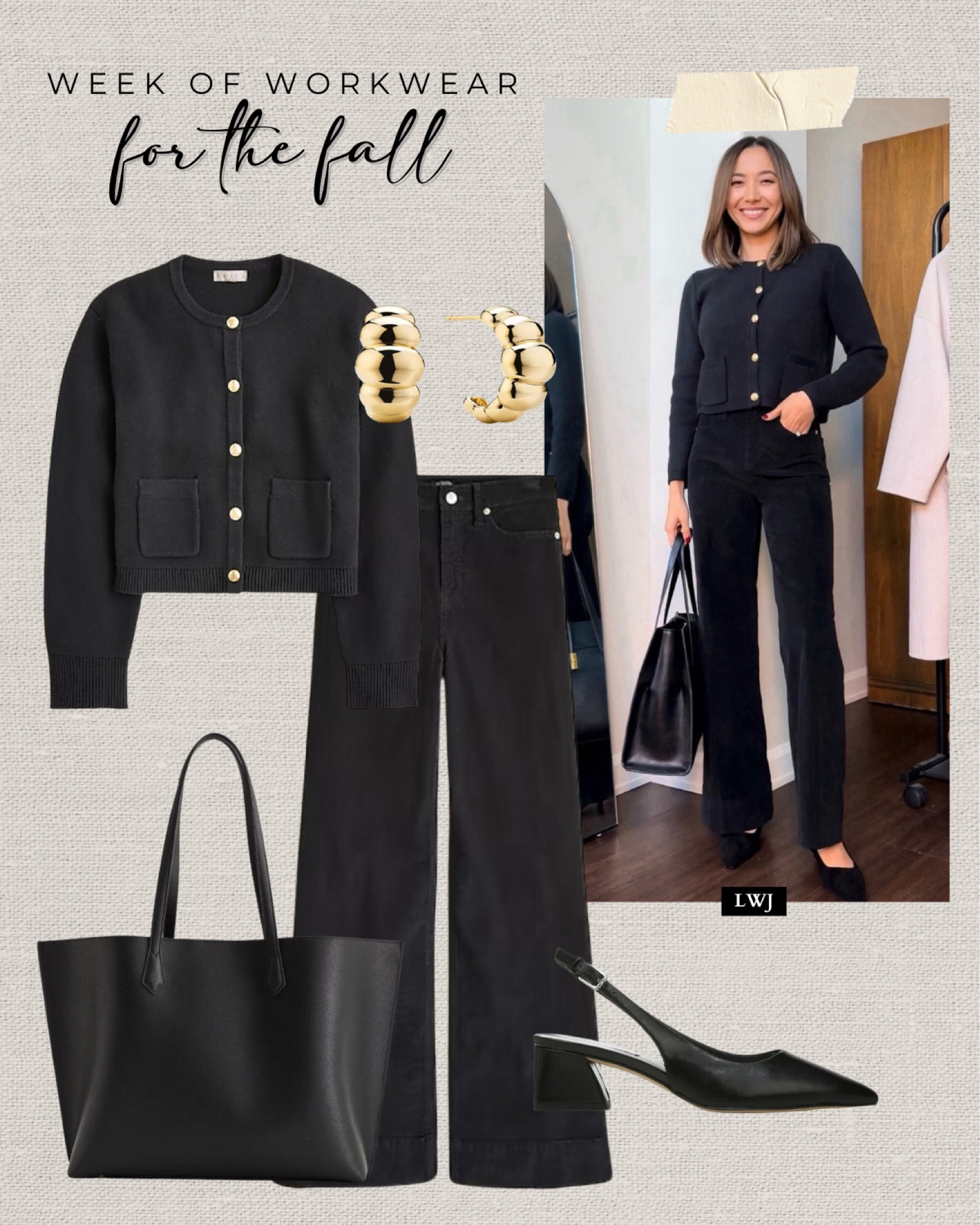 Week of workwear: for the fall 

Jcrew Emilie sweater lady jacket - linked to this year’s release
Jcrew corduroy pants 
Leather tote bag 
Black slingback heels 
Gold earrings 

#LTKStyleTip #LTKWorkwear #LTKSeasonal