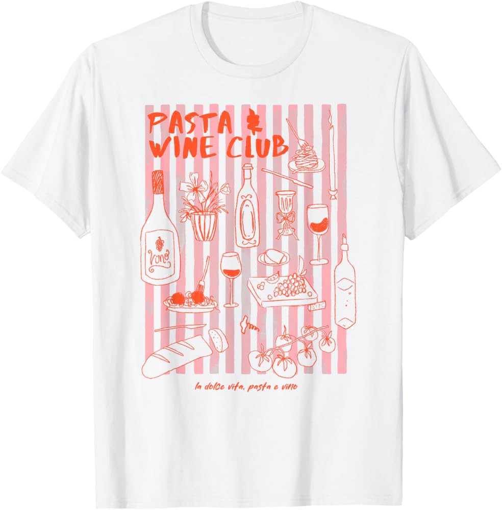 Pasta & Wine Club Illustration Foodie Clean Girl Aesthetic T-Shirt | Amazon (US)