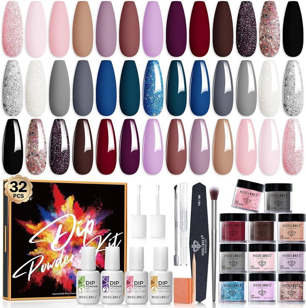 Modelones 32 Pcs Dip Powder Nail Kit Starter, 20 Colors Nude Pink Gray Dipping Powder Liquid Set ... | Amazon (US)