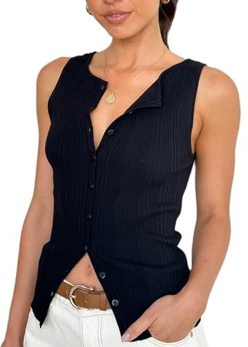 NUFIWI Women Button Up Tank Top Ribbed Crewneck Open Front Shirt Sleeveless Slim Fit Dressy Vest Tops Trendy Fashion(Knit Black,M) | Amazon (US)