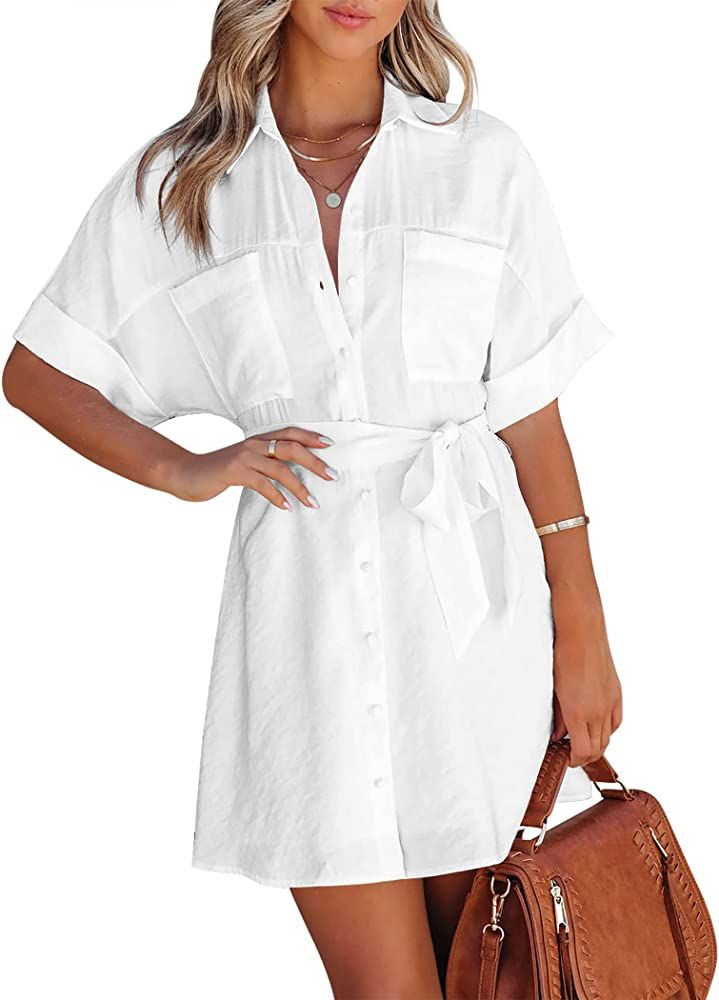 Zeagoo Women's Shirt Dress Button Down Summer Casual Short Sleeve Tunic Tops Mini Dresses with Be... | Amazon (US)