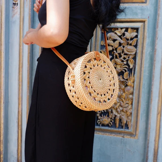 Round Rattan Bag With Double Braid Pattern Handwoven Shoulder - Etsy | Etsy (US)