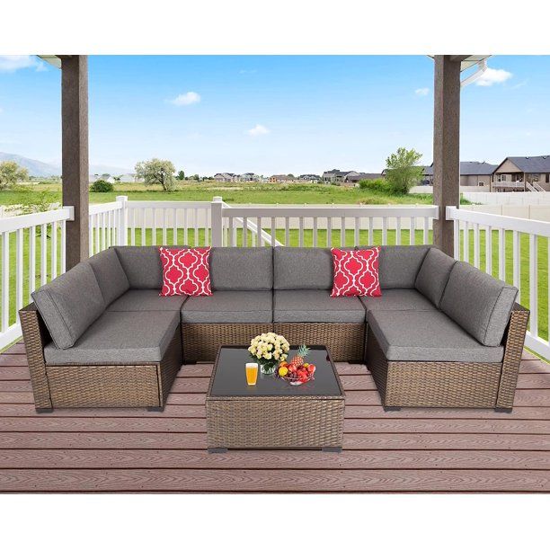 Kinbor 7pcs Outdoor Patio Furniture Set Wicker Sectional Sofa with Cushions, Gray - Walmart.com | Walmart (US)