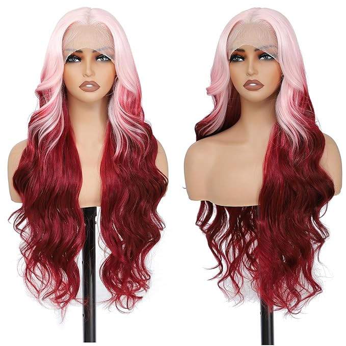 X-TRESS Pink and Red Lace Front Wigs Synthetic for Women,28Inch Wear and Go Glueless Body Wave Om... | Amazon (US)