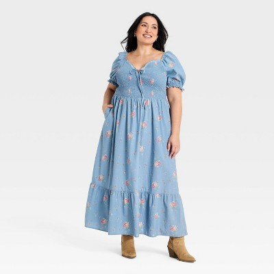 Women's Western Puff Short Sleeve Smocked Midi A-Line Dress - Universal Thread™ Blue Floral 1X | Target