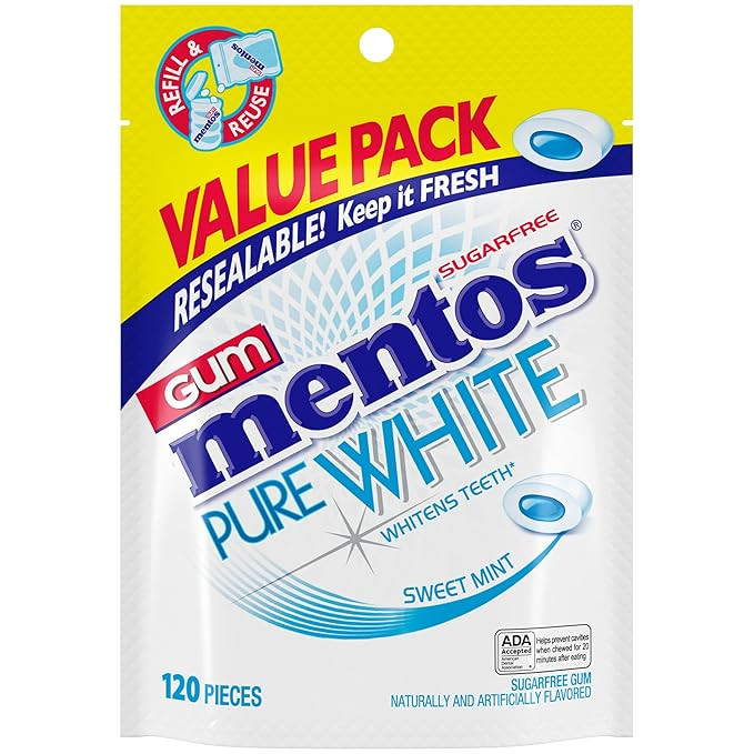Mentos Pure White Sugar-Free Chewing Gum With Xylitol, Sweet Mint, 120 Piece Bulk Resealable Bag ... | Amazon (US)