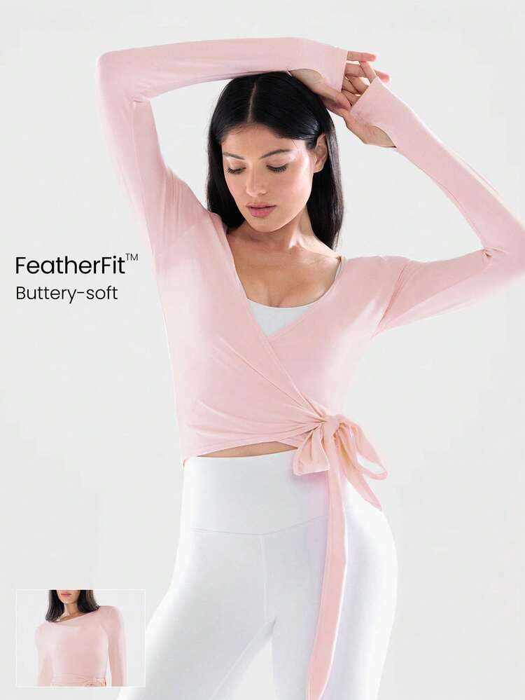 GLOWMODE FeatherFit™ Split Decision 2-In-1 Reversible Wear Buttery-Soft Stretchy Sweat-Wicking Tie-Waist Long Sleeve Wrap Top Yoga Pilates Studio Daily Casual | SHEIN