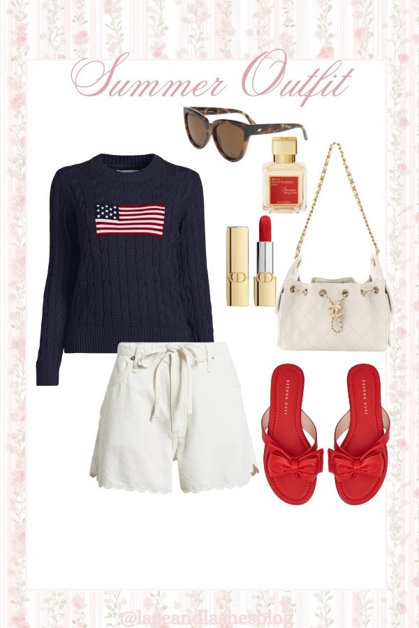 Americana summer outfit idea ❤️ cotton flag sweater, white scallop edge shorts, red bow sandals

#LTKootd #LTKSeasonal #LTKgrwm
