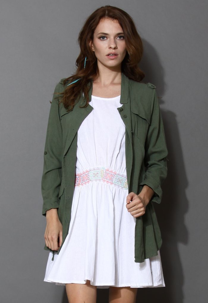 Cut Out Collar Drapped Parka in White/ Green  | Chicwish