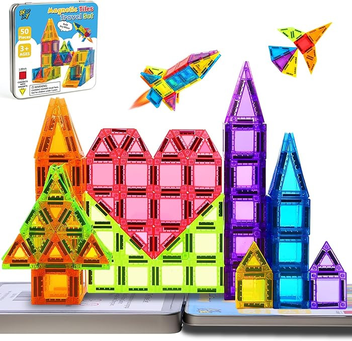 Enjoyjoy Mini Magnetic Tiles - 50PCS Travel Magnetic Tiles Set with Metal Case Portable On-The-Go... | Amazon (US)