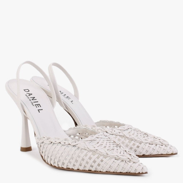 Tiffi White Leather Woven Sling Back Heeled Shoes | Daniel Footwear (UK)
