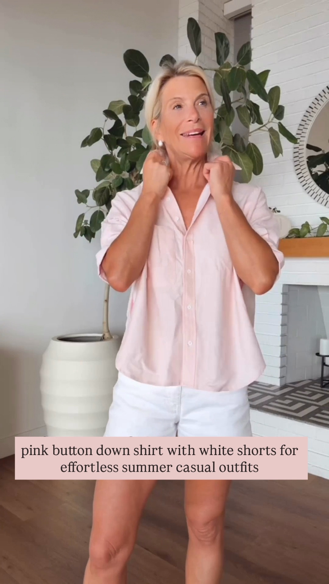 Casual summer outfit with soft pink button down and classic white shorts.

#LTKootd #LTKOver40