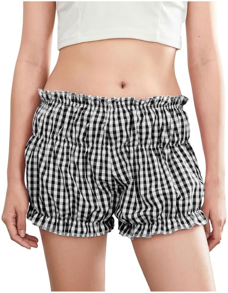 Women's Lounge Plaid Shorts With Ruffle Bloomer - Low Rise Coquette Micro Shorts for Sexy Pajama ... | Amazon (US)