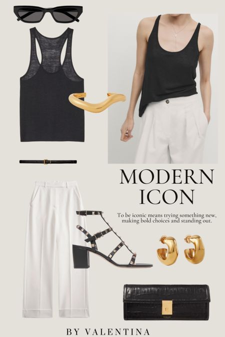 Modern Icon - trying something new, making bold choices and standing out! 

Spring Summer Outfit, Summer Outfit Inspiration, Vacation Outfit, Casual Style, Wardrobe Staples, Outfit Idea, Gold Jewelry, White Trousers, Black Tank, Valentino, Cat Eye Sunglasses 

#LTKStyleTip #LTKSeasonal #LTKWorkwear