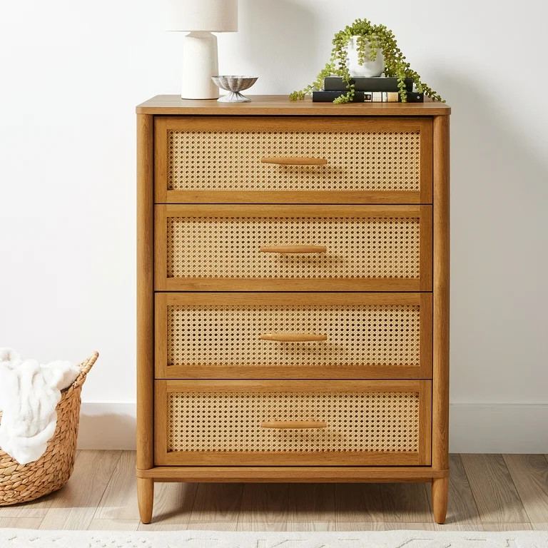 Better Homes & Gardens Springwood Caning 4-Drawer Dresser, Light Honey Finish | Walmart (US)