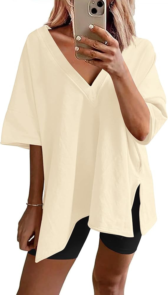 Ekouaer Womens Pajamas 2 Piece Lounge Sets Oversized V Neck T-Shirts Tops Biker Shorts Set Workou... | Amazon (US)