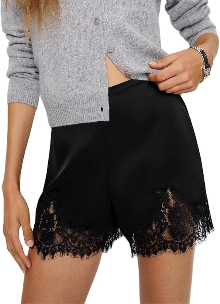 Womens Satin Silk Shorts with Lace Floral Patchwork Boxers Mini Micro Low Waist Lace Slip Pajamas... | Amazon (US)