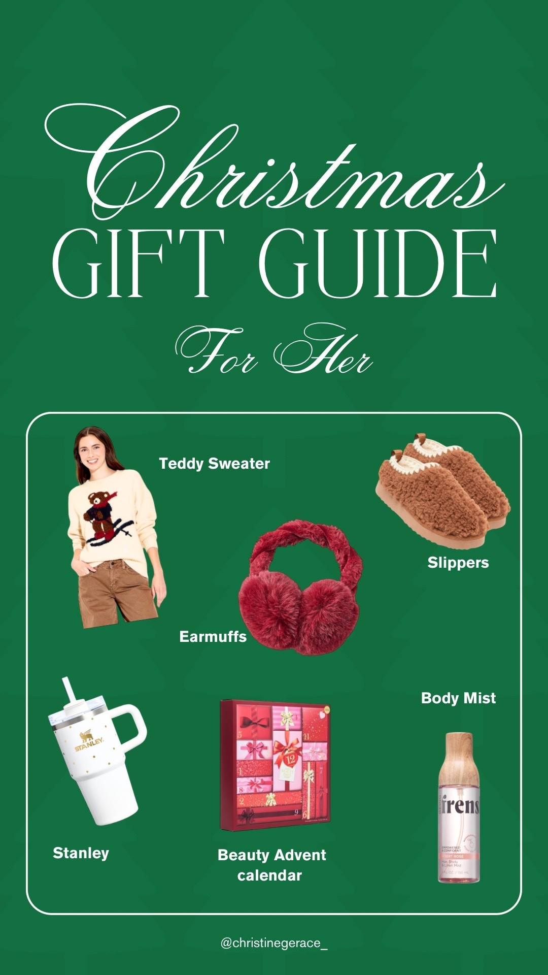 Christmas Gift Guide For Her | Cozy + Cute Gifts She’ll Love

Holiday gift guide for her 2024! Sharing cozy + aesthetic gifts she’ll actually use — teddy sweater, fuzzy earmuffs, comfy slippers, Stanley cup, beauty advent calendar, and the perfect everyday body mist.
Great gifts for moms, sisters, friends, teachers, and last-minute stocking stuffers.
Affordable + trendy Christmas gifts she’ll love! 🎄

#LTKGiftGuide #LTKHoliday #LTKHome