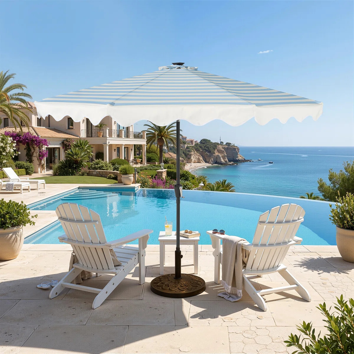 Solar LED Lighted 10 FT Patio Umbrella, Striped Outdoor Table Umbrella with Scalloped Edge, Night... | Wayfair North America