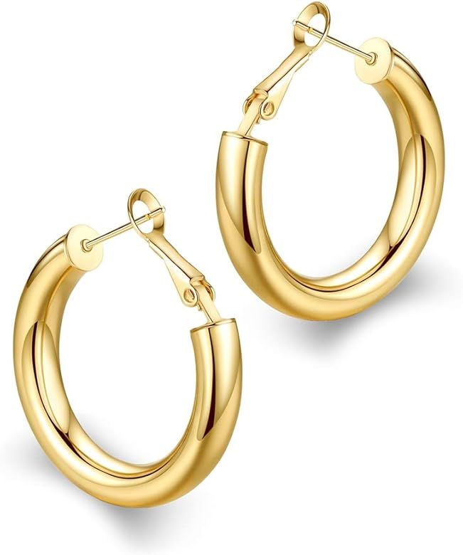 Thick Hoop Earrings Howllow 14K Gold Plated Gold Hoops for Women | Amazon (US)