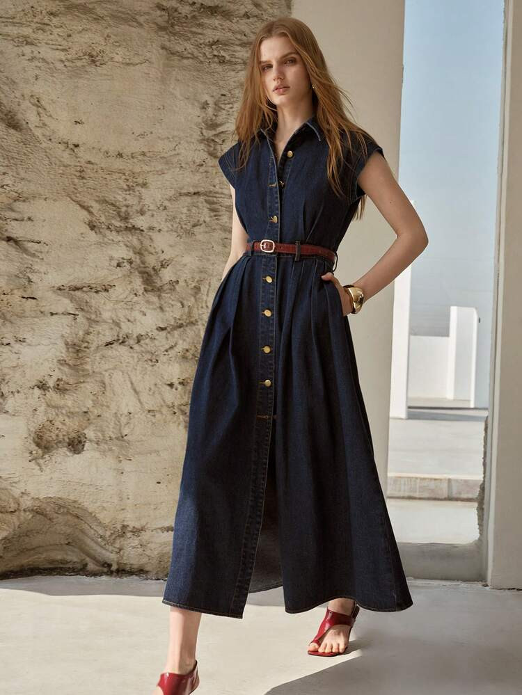 MOTF PREMIUM Damen L\u00e4ssig Denim Kleid f\u00fcr den Alltag, Fr\u00fchling/Sommer, G\u00fcrtel... | SHEIN