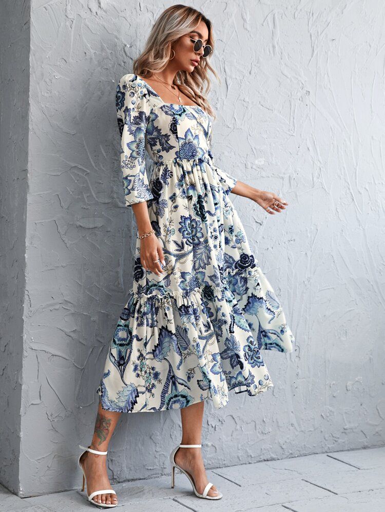 Square Neck Floral Print Ruffle Hem Dress | SHEIN