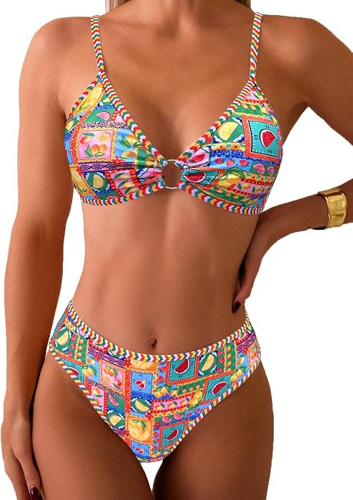 Women's Triangle Bikini Sets O Ring Linked Two Piece Swimsuits Floral Printed Cheeky Bathing Suit | Amazon (US)
