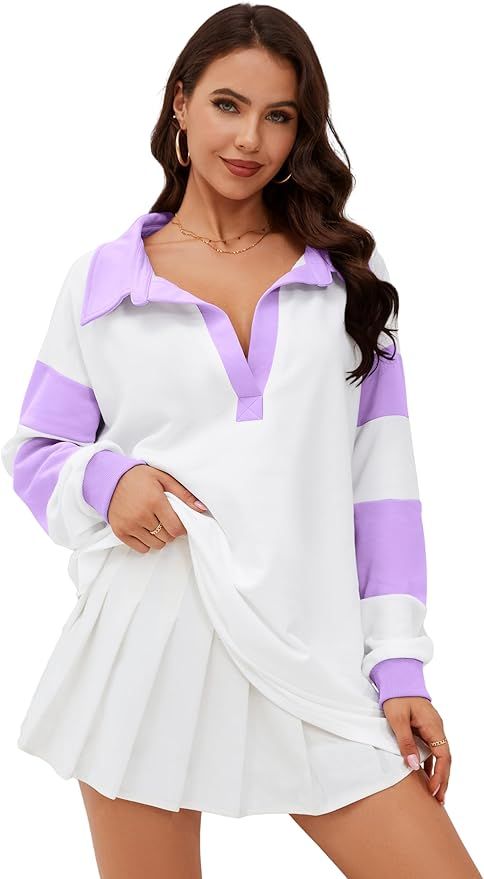 Meladyan Women’s Color Block Patchwork Sweatshirt V Neck Long Sleeve Polo Shirt Oversized Pullo... | Amazon (US)