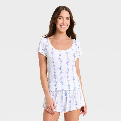 Women's Pointelle Short Sleeve Shirt and Shorts Pajama Set - Auden™ Blue Floral S | Target