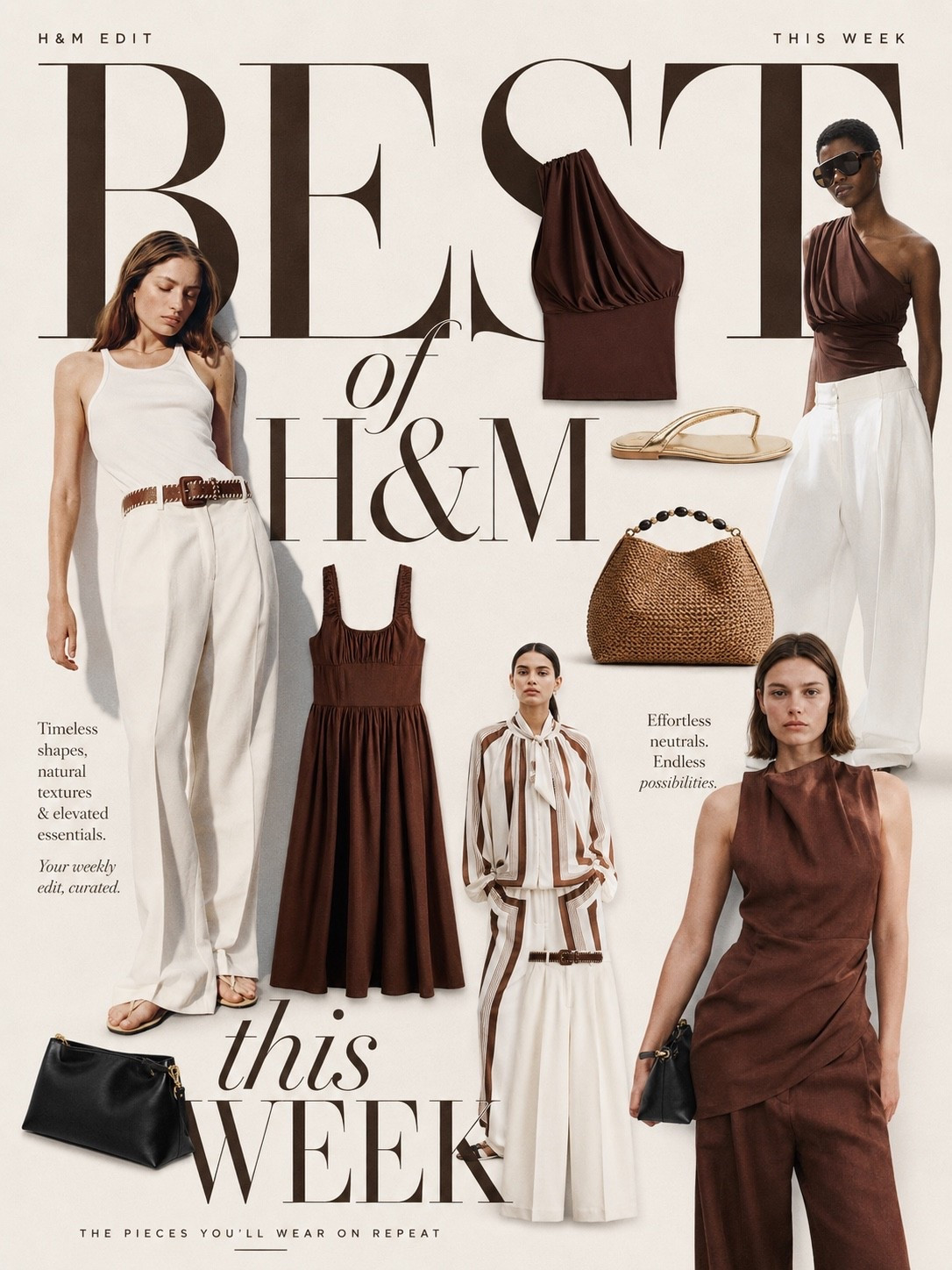 H&M Best of the Week 🤎

If you’re building a timeless summer wardrobe, this week’s H&M new in collection is full of elevated neutral pieces you’ll wear on repeat. Think chocolate brown, soft ivory, effortless tailoring and easy linen-look separates.

I’m shopping the satin striped co-ord with its relaxed jacket and flowing wide-leg trousers, the chocolate brown asymmetric top with matching wide-leg trousers, ivory tailored trousers with a woven brown belt, and the prettiest brown milkmaid midi dress. Every outfit is finished with a woven raffia basket bag that works with everything from holiday outfits to everyday summer styling.

These are the kind of versatile wardrobe staples that mix and match effortlessly, making them perfect for summer holidays, city breaks, brunch outfits and everyday chic dressing.

Save this edit for your next H&M shop and let me know which piece is going straight into your basket. 🤎✨

#LTKuk #LTKsummer #LTKdatenight