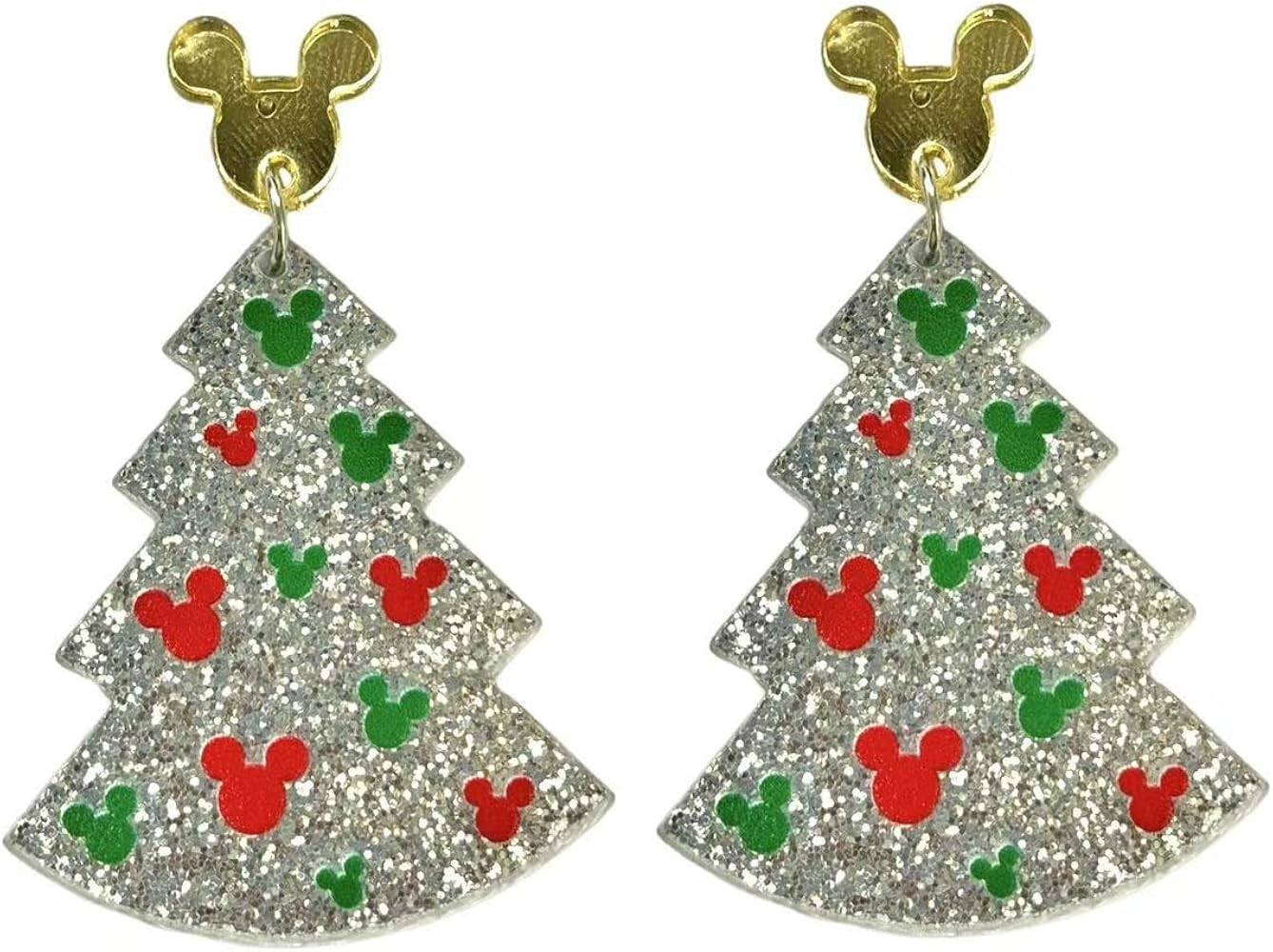 Mouse Christmas Tree Dangle Earrings, Silver Glitter with Red and Green Accents, Holiday Jewelry | Amazon (US)