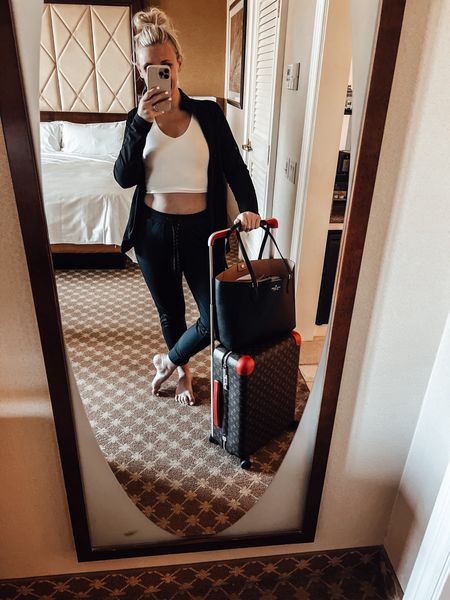 Used my Louis Vuitton luggage for our weekend getaway. My black leather tote is Kate spade. Linked my Zella joggers & white crop  tank sports bra from target 

#LTKActive #LTKmidsize #LTKtravel