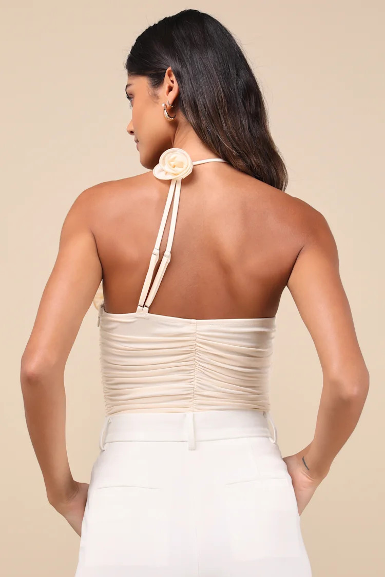 Elyas Cream Mesh Ruched Rosette Backless Bodysuit | Lulus