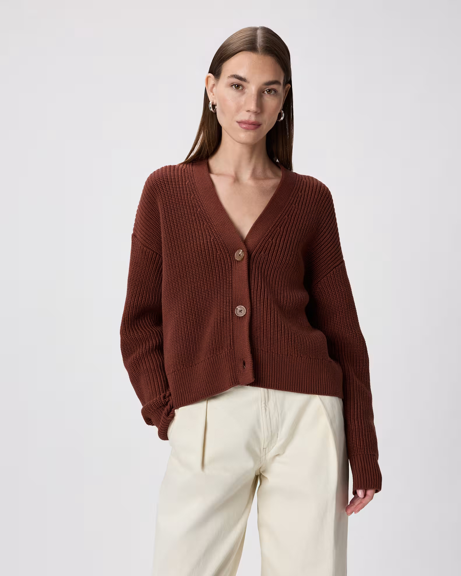 100% Organic Cotton Fisherman Boxy Cropped Cardigan in Redwood Brown | Quince